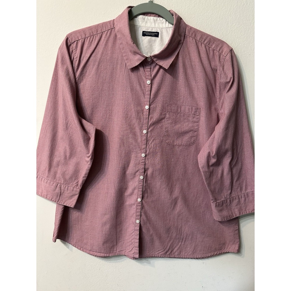 Vtg 90s American Eagle Women XL Pink Micro Check 3/4 Sleeve Button Down Shirt